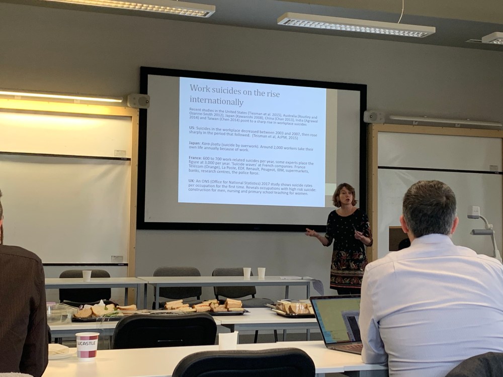 Keynote Professor Sarah Waters closes the workshop situating workplace suicides as protest in neoliberal Franc